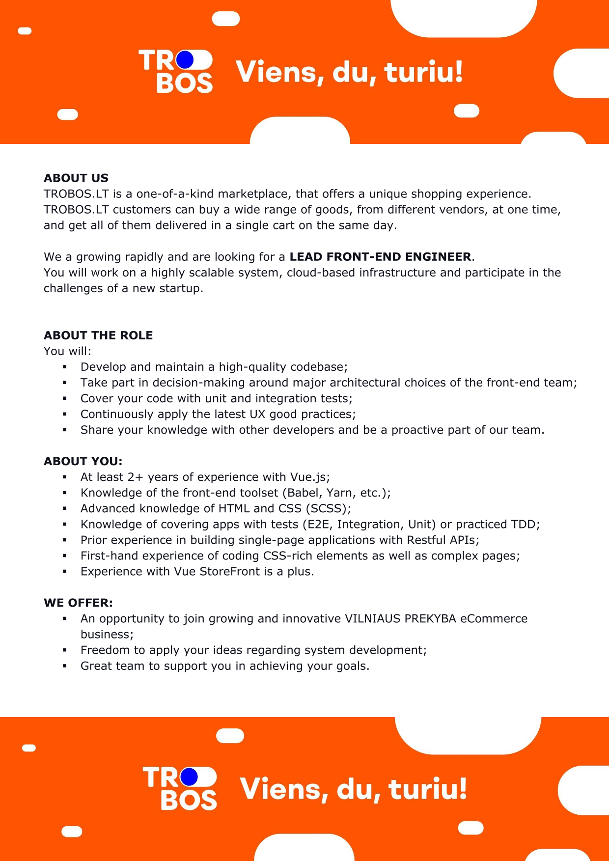 Vacancy LEAD FRONTEND ENGINEER, Vilnius, Vilniaus rajonas, Trobos