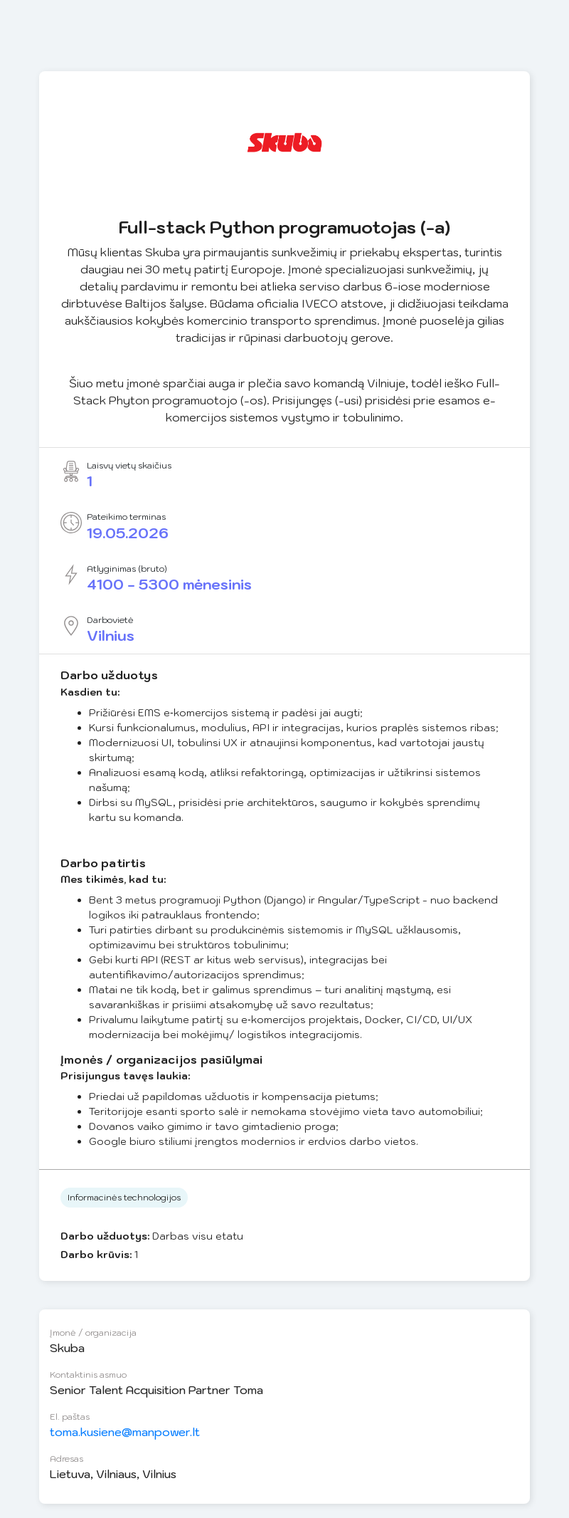 Full-stack Python programuotojas (-a), Manpower Lit, UAB | CV-Online