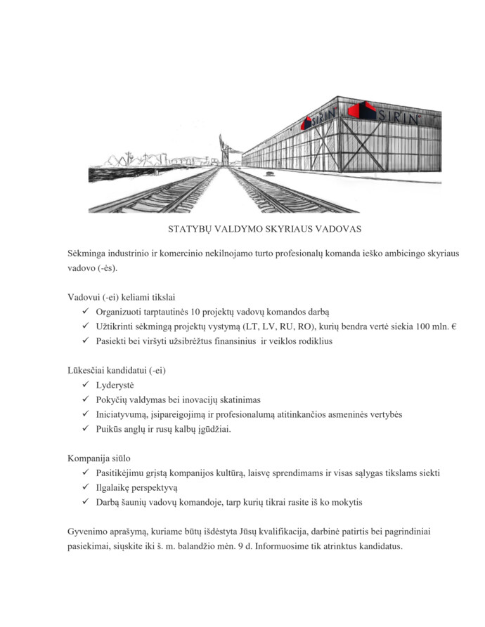 Vacancy Statybų Valdymo Skyriaus Vadovas Sirin Development Uab Cv Online